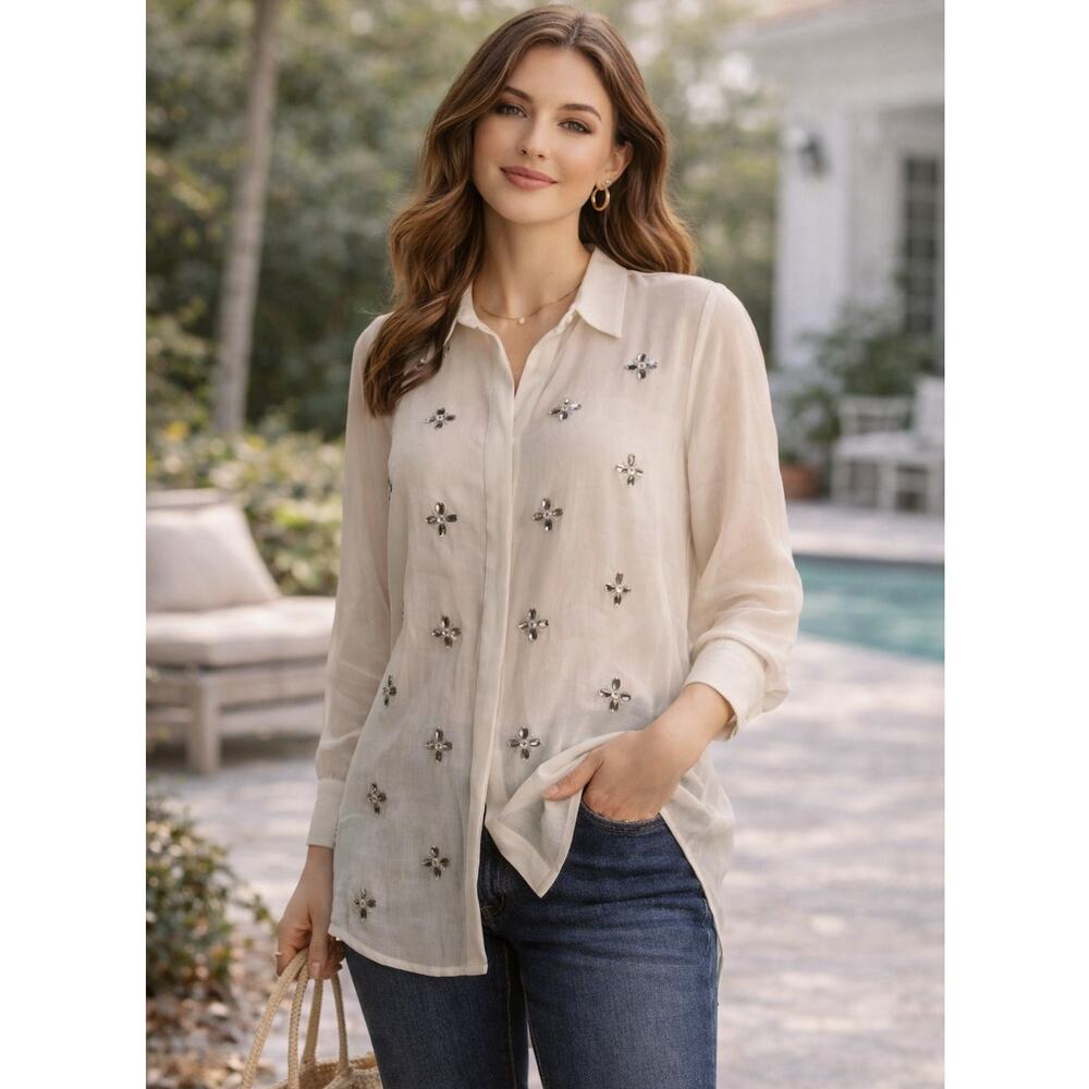 Chico’s Beaded Floral Semi-Sheer Button Front Tunic Blouse Ivory Size Medium